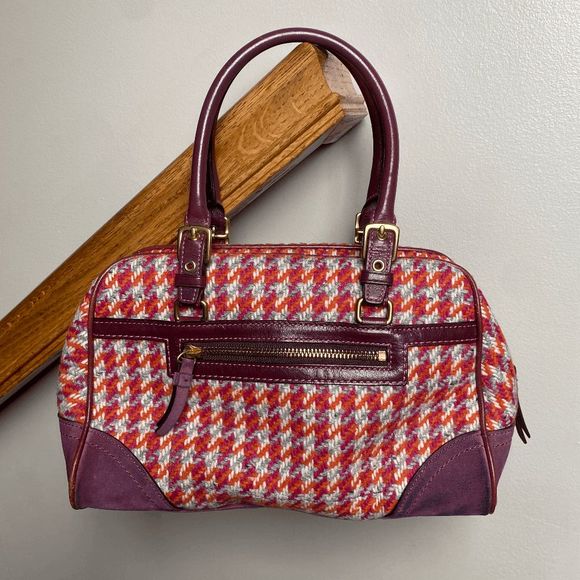 Coach Hamptons 8F47 Houndstooth Tweed Suede Handbag Satchel Shoulder Rare Flower - Picture 2 of 9
